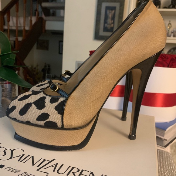 YVES SAINT LAURENT RIVE GAUCHE Beige Peep Toe Platforms heels SZ 9.5 🔥🔥🔥 - Picture 2 of 14